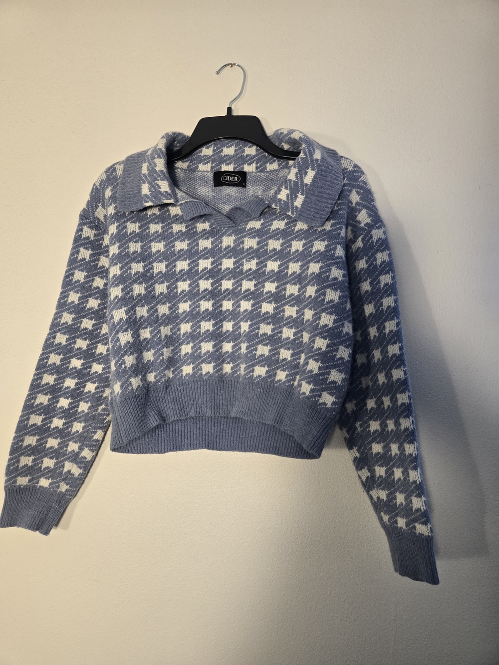 Cider Light Blue and White Houndstooth Polo-Collar Sweater